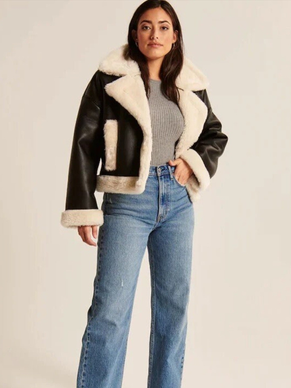 NWT Abercrombie & Fitch - Oversized Short Sherpa-Lined Vegan Leather Coat